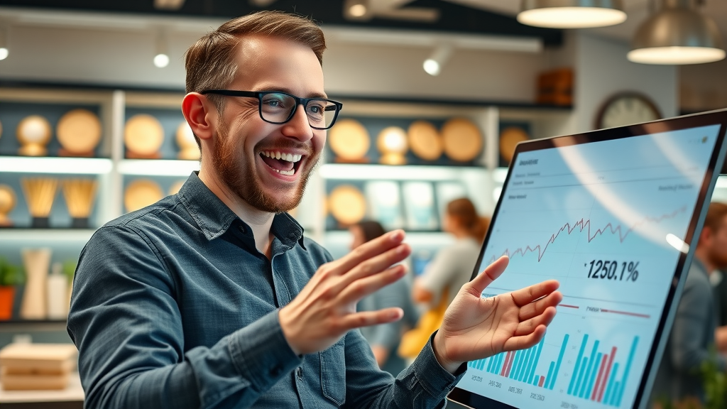 Happy small business owner reviewing analytics and celebrating business growth from affordable digital marketing strategies.