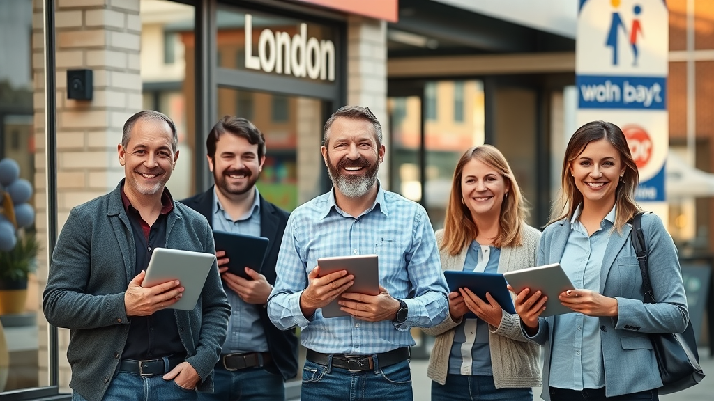 Successful London Ontario business owners enjoying growth from SEO services in front of local landmarks