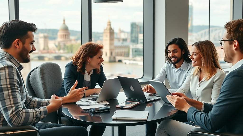London entrepreneurs and marketing agency team brainstorming targeted email campaign strategies, collaborating in a modern office overlooking London landmarks, symbolizing advanced email marketing London capabilities.