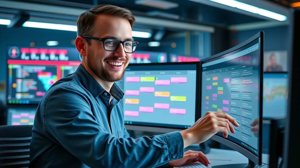 Digital marketer arranging a color-coded content calendar, streamlining content creation for small businesses