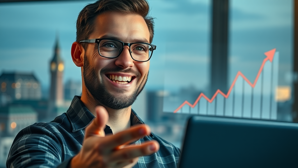 Energetic business owner watching analytics graph rise on Google search results from London Ontario