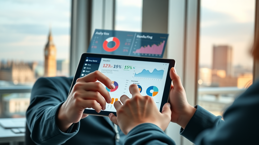 media management social media marketing london real-time analytics dashboard on tablet with London skyline