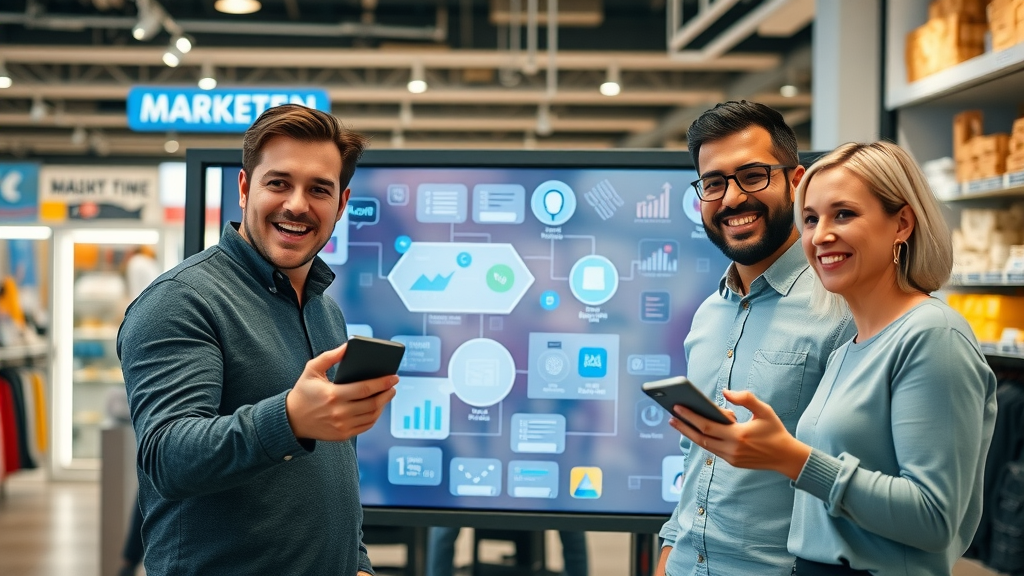 digital marketing trends 2024 - marketing team seamlessly integrating digital and offline touchpoints on an interactive board