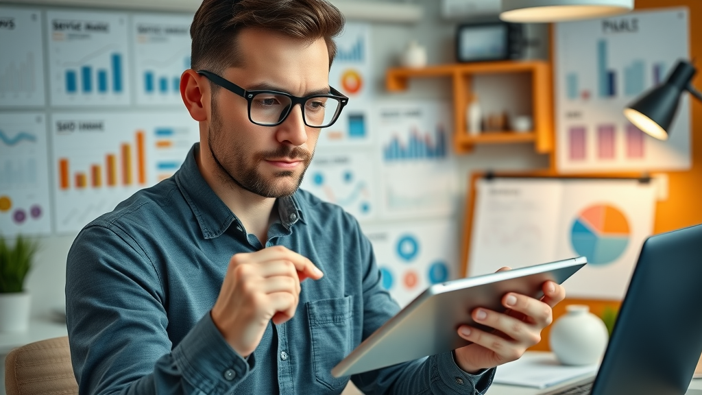 Digital marketer organizing affordable digital marketing service packages with SEO, social media, and email marketing icons.