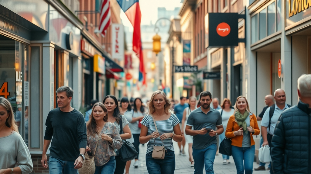 Vibrant downtown London Ontario street with small business owners interacting with local customers - local content marketing London Ontario