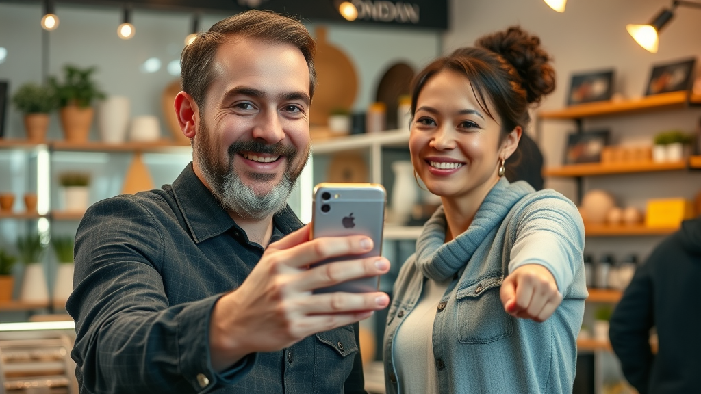 happy small business owner taking selfie with a customer, social media marketing, local London Ontario exposure