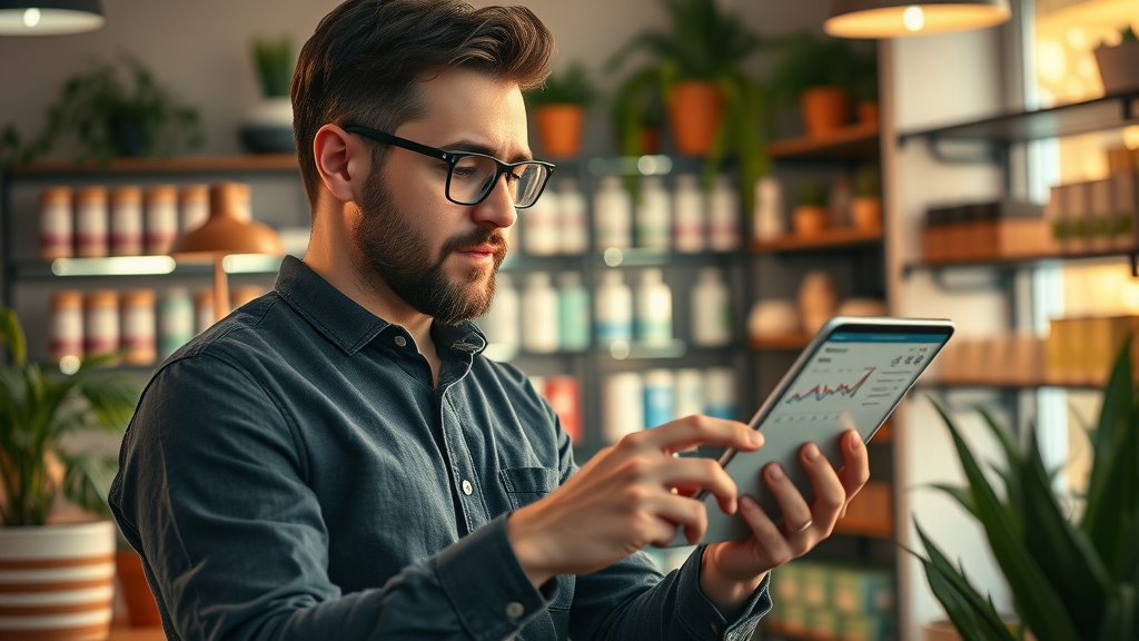 Small business owner reviewing digital content analytics, content marketing tips for small businesses
