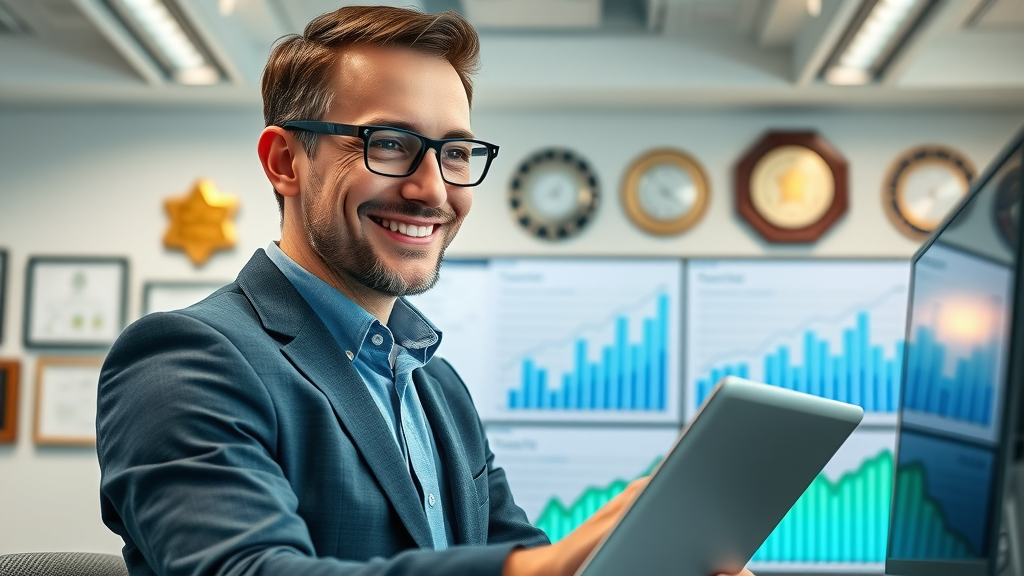 seo agency london ontario business owner viewing rising website analytics digital marketing dashboard office awards upward graphs
