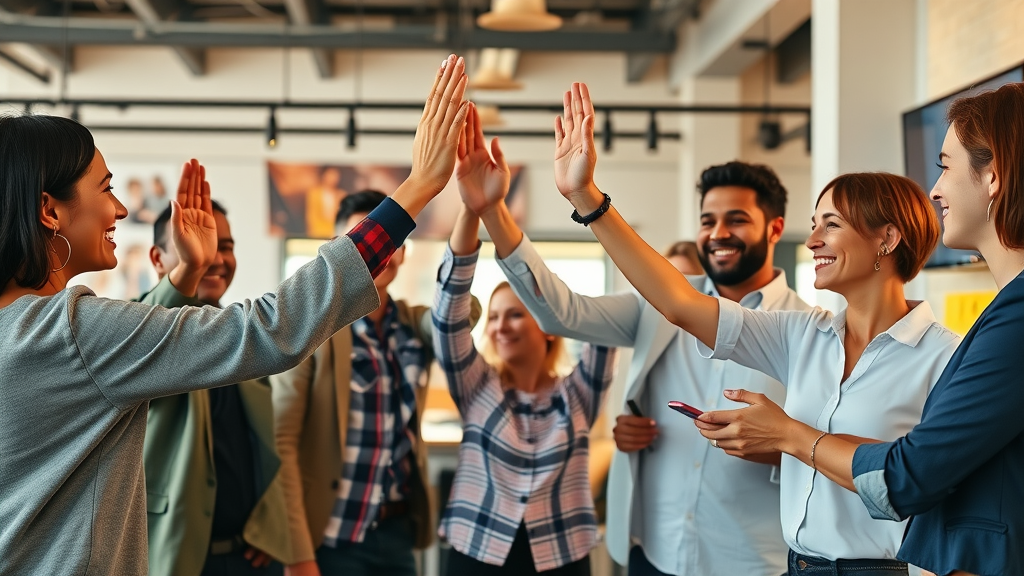 Diverse small business owners celebrating together, group success in studio