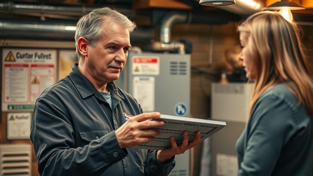 Certified technician guides homeowner on furnace filter replacement in safe basement