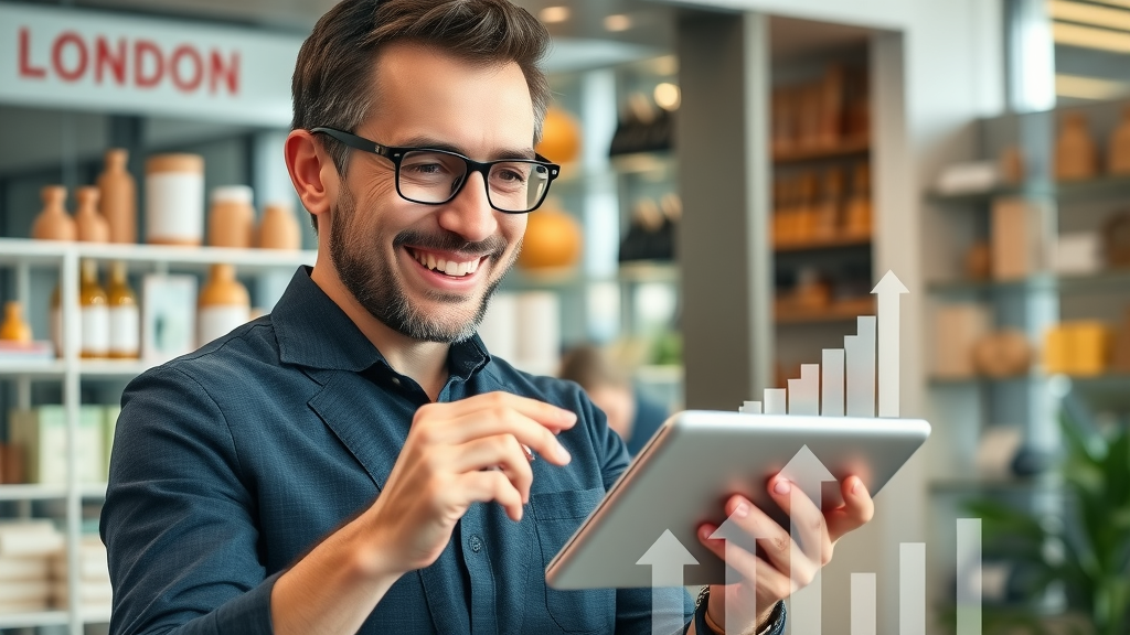 Satisfied local business owner reviewing digital marketing growth