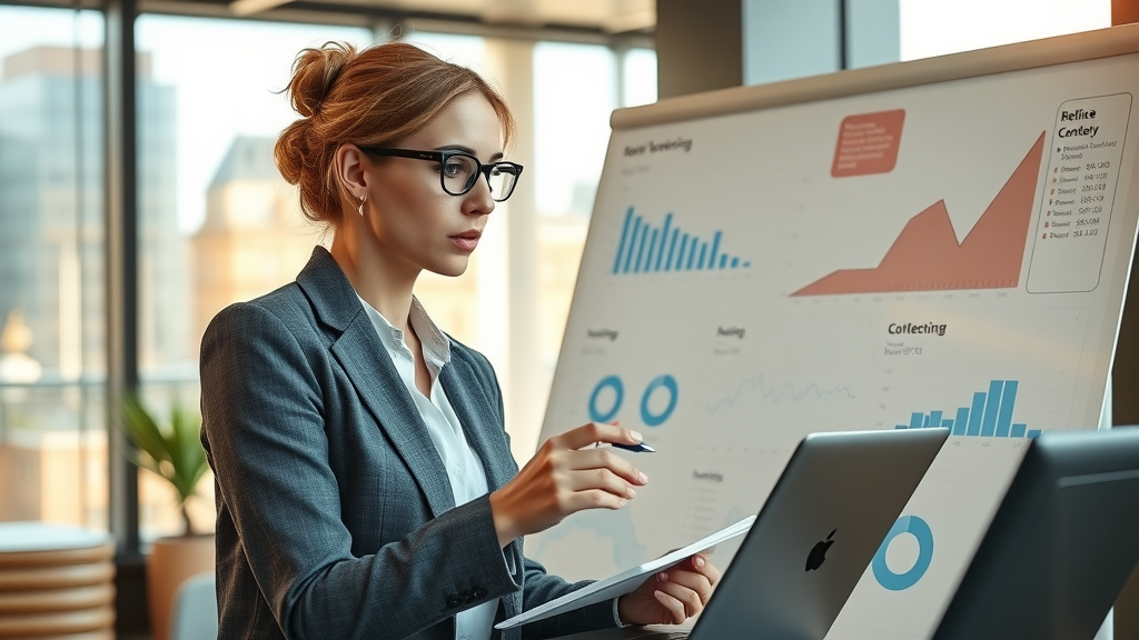 b2b content marketing london businesswoman analyzes campaign metrics in sunlit London office with high detail and active note-taking