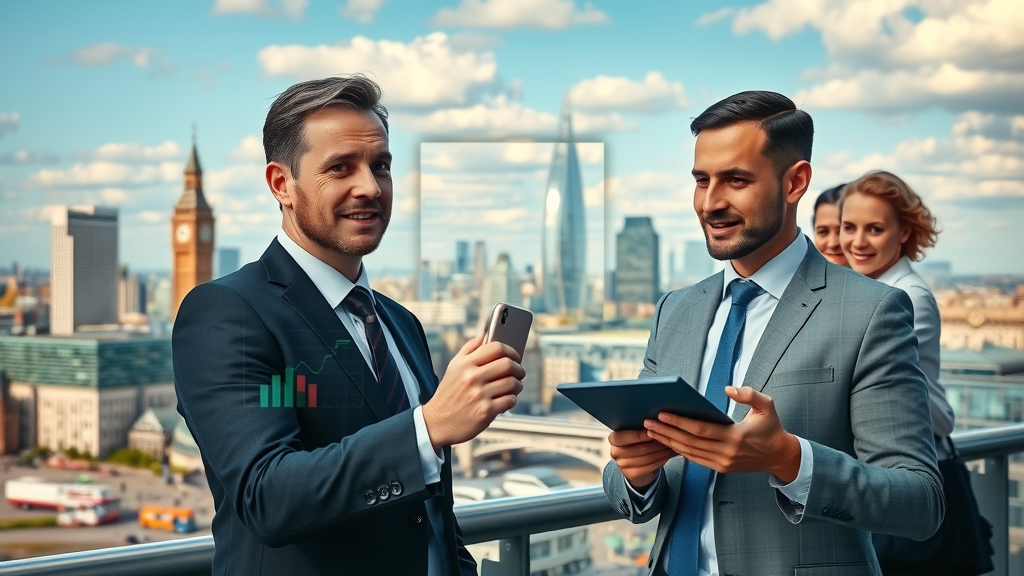 vibrant London cityscape with business professionals collaborating on off-page SEO strategies London, digital graphs overlay on iconic skyline