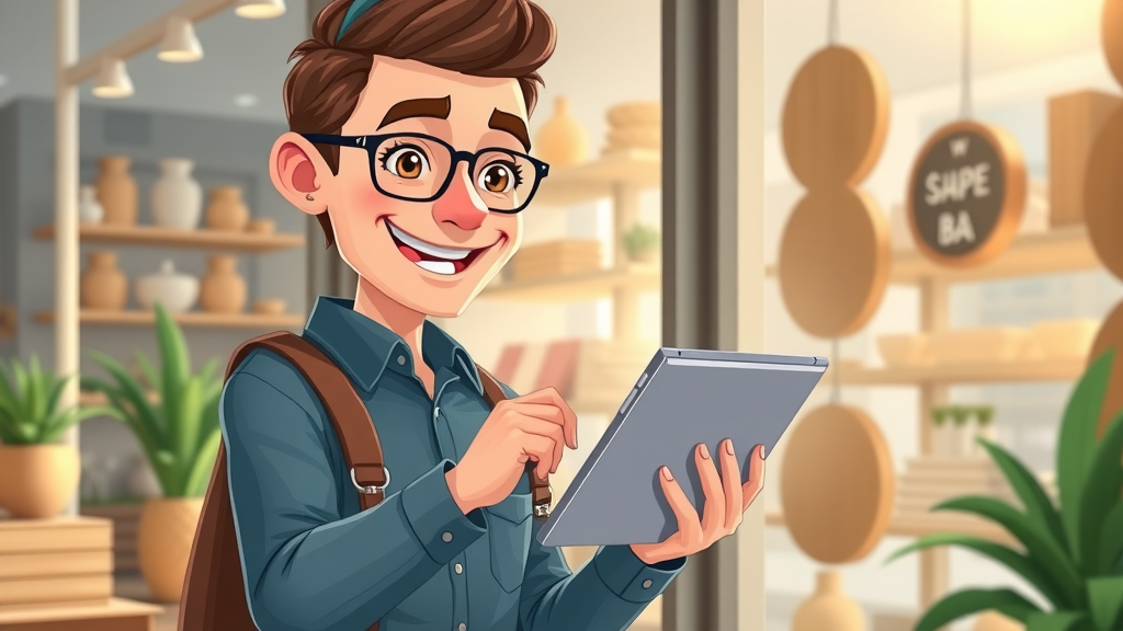 Sleek smart business website mockup, London Ontario shop owner using tablet - web design and local SEO