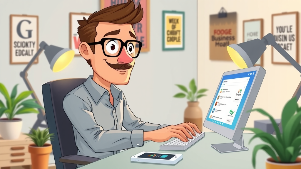 Business owner optimizing Google Business Profile page for local SEO in a contemporary home office.