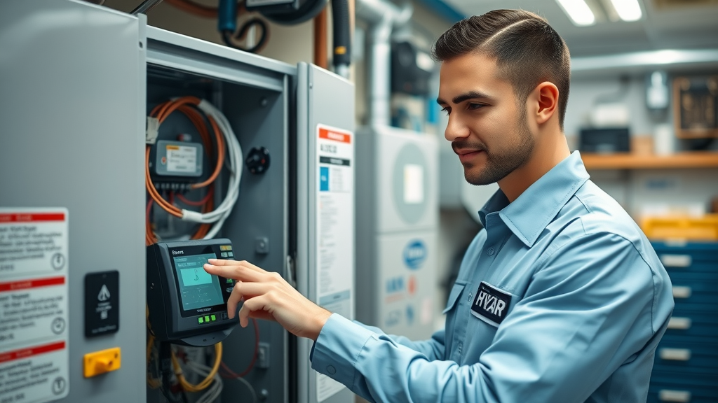 Certified technician in uniform inspects HVAC control panel in modern utility room