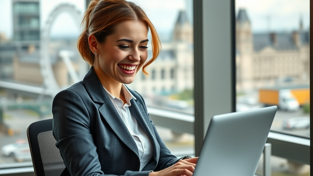 businesswoman reviewing rising search analytics on laptop, office with London Eye, showcasing success of off-page SEO strategies London