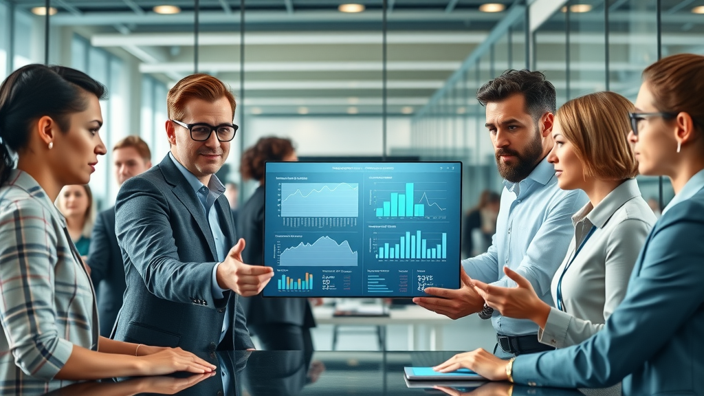 digital marketing trends 2024 - dynamic boardroom, executives analyzing futuristic digital marketing statistics on a touchscreen