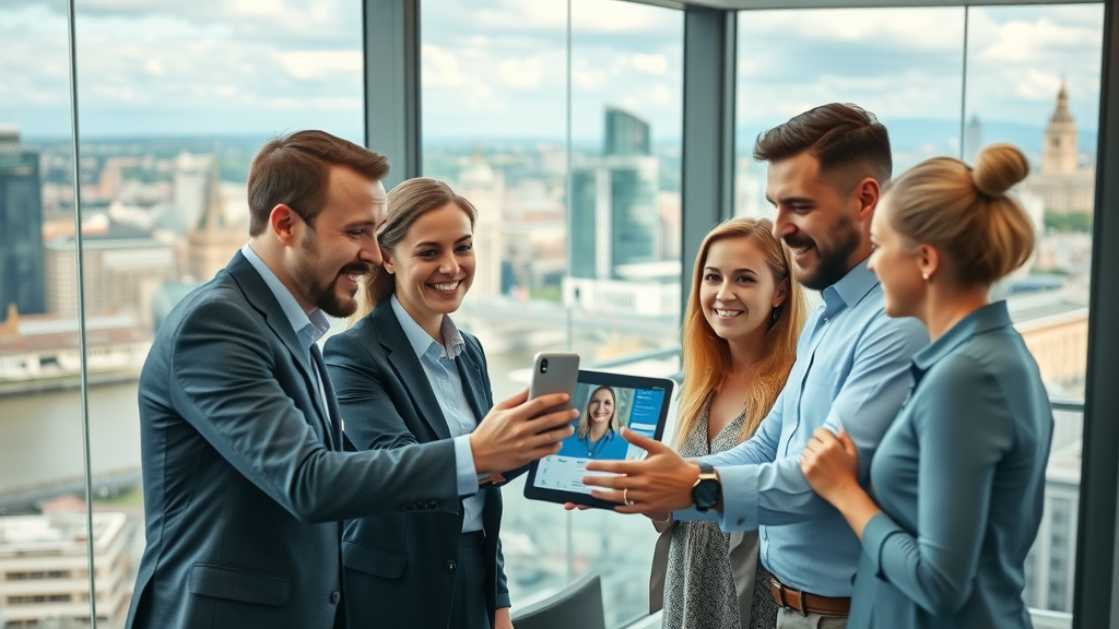 social media management london professionals in a sleek glass-walled office with Thames view, discussing digital strategy