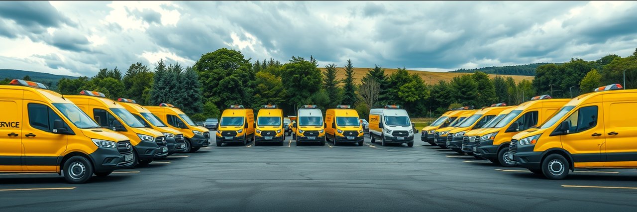 Fleet of yellow eco-friendly cooling solutions service vehicles on lot with green scenery.