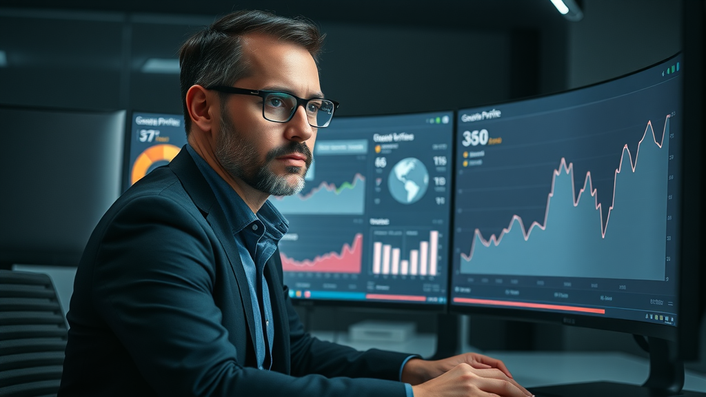 Analytical business consultant exploring Google Business Profile insights for local SEO strategy in a sleek workspace.