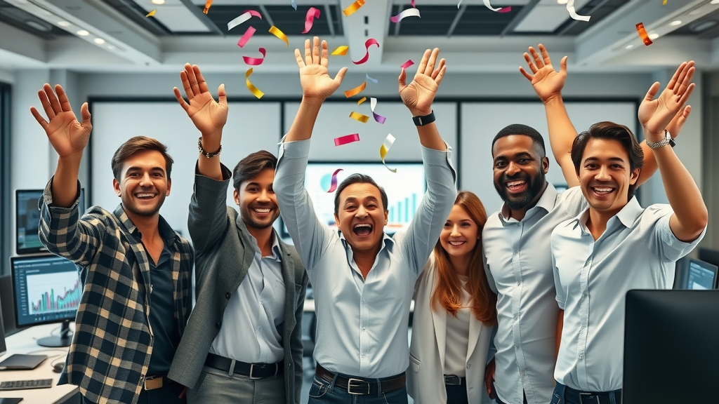 business team celebrating content marketing strategy success with analytics screens and campaign win