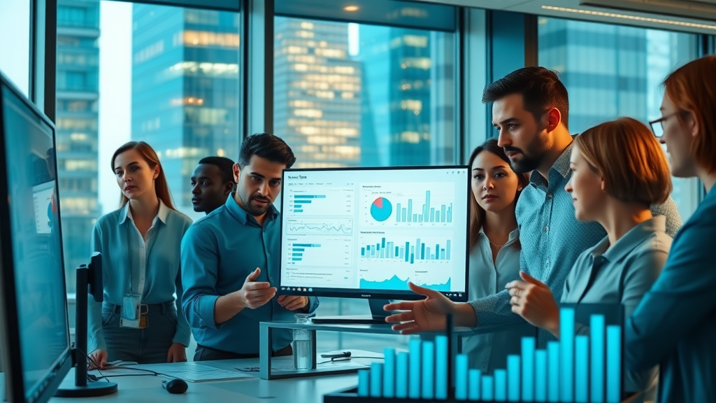 modern office environment with a team of diverse London marketers analyzing email analytics on large screens, focused expressions, collaborating, Cinematic, backdrop of bright glass city skyscrapers outside, highly detailed, charts and graphs in foreground, cool blue and green color tones, soft ambient lighting, shot with a 50mm lens.