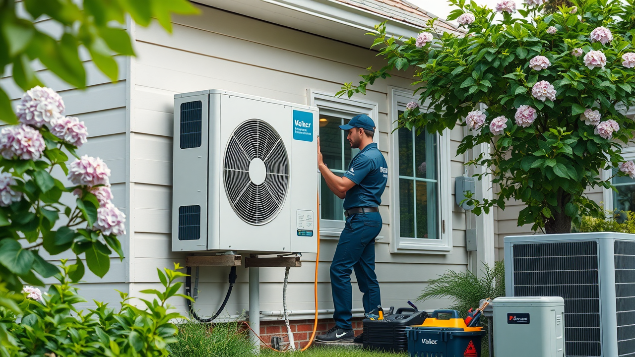 Technician maintains eco-friendly cooling solutions outside green home