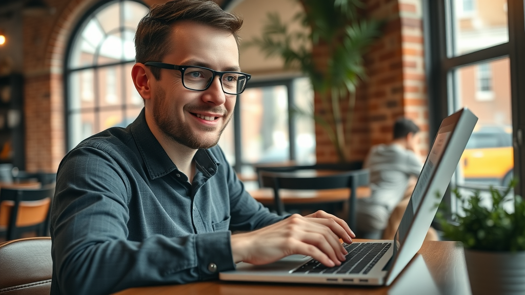 London email marketing trends - UK marketing professional customising email content, cozy London café, hands on laptop
