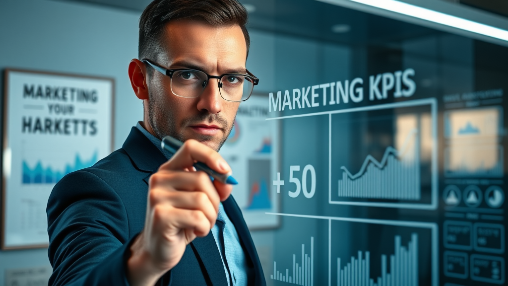 business pro writing digital marketing KPIs on a glass board for small business
