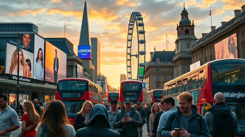Influencer marketing London digital ads and influencers in iconic London cityscape, vibrant social engagement