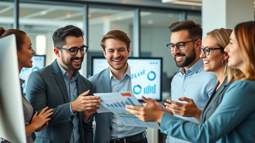 Small business team collaborating on affordable digital marketing strategies, reviewing analytics data in a modern office.