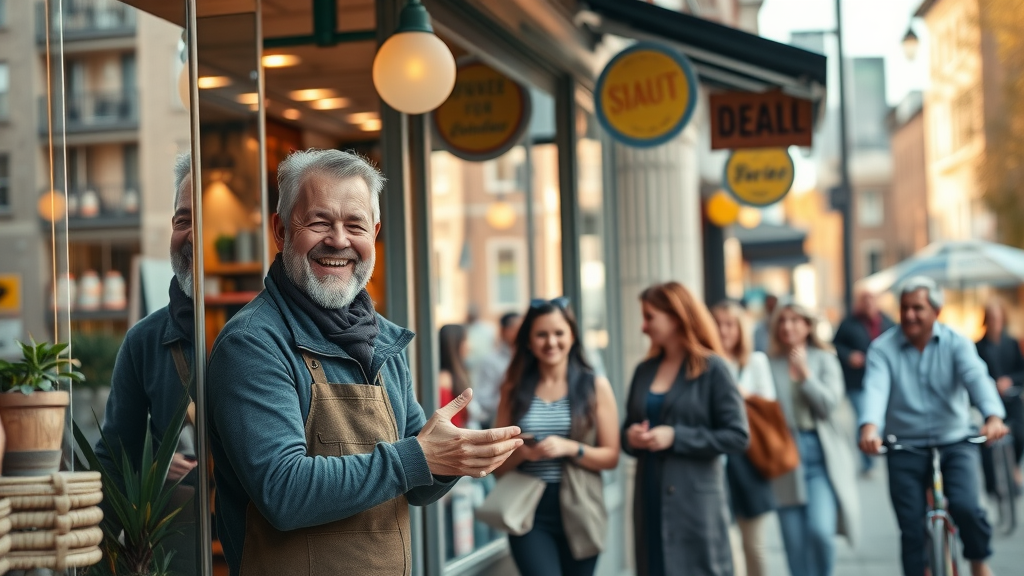 Vibrant small business storefront in downtown London Ontario, small business marketing in London Ontario, cheerful owner greeting customers, bustling urban scene