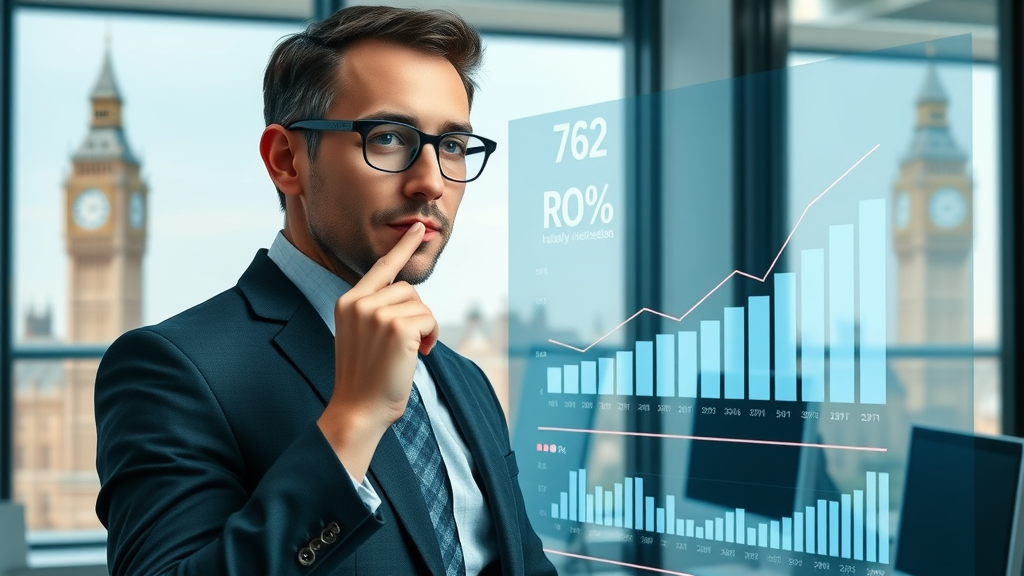 business analyst pointing to digital chart showing increasing email marketing ROI London, modern workspace, digital charts and ROI metrics, visible Big Ben