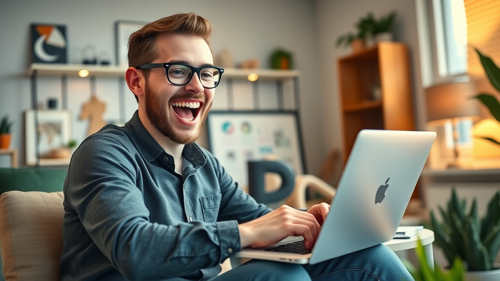 landing page tools for small businesses - excited digital marketer building high-conversion landing page on laptop, wireframes, creative workspace