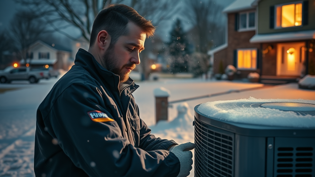 Emergency HVAC service technician repairing heat pump during winter night
