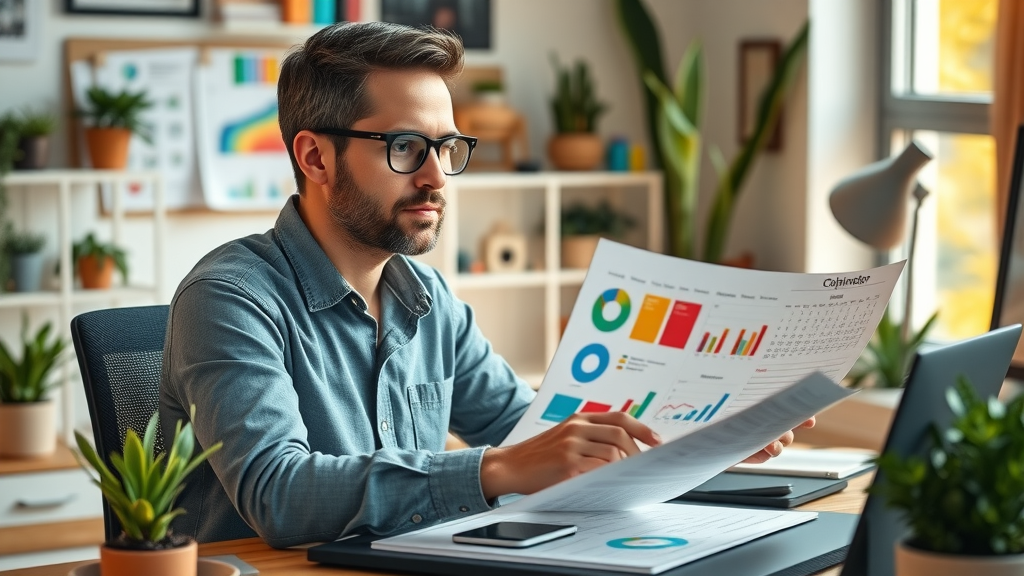 content marketer planning content marketing ideas at home office, analyzing content calendar and strategy charts