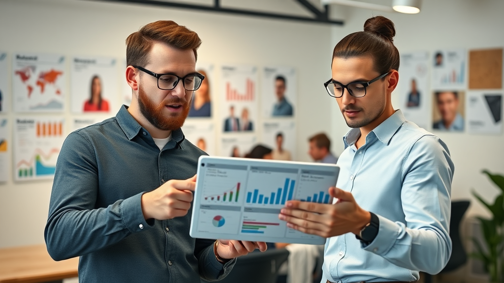small business owners reviewing digital marketing analytics on a tablet in a modern office - small business online marketing