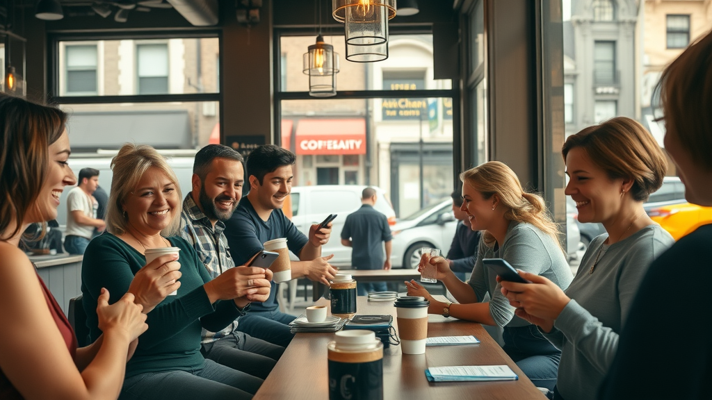 cozy coffee shop with happy customers, barista serving drinks, customers reading email campaigns