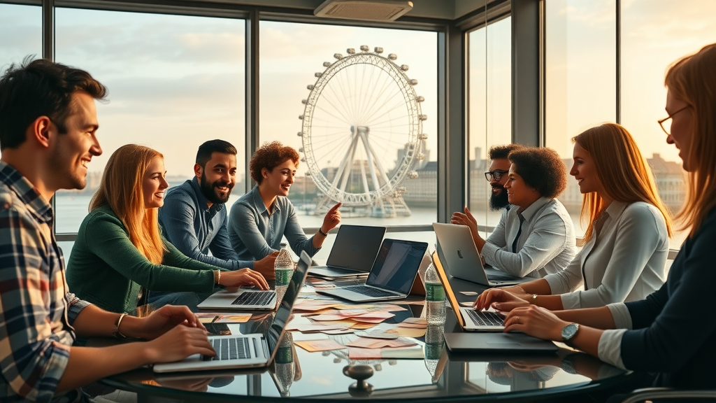diverse London marketing team brainstorming creative email strategies, large boardroom with London Eye view, notes and laptops, planning email marketing ROI London