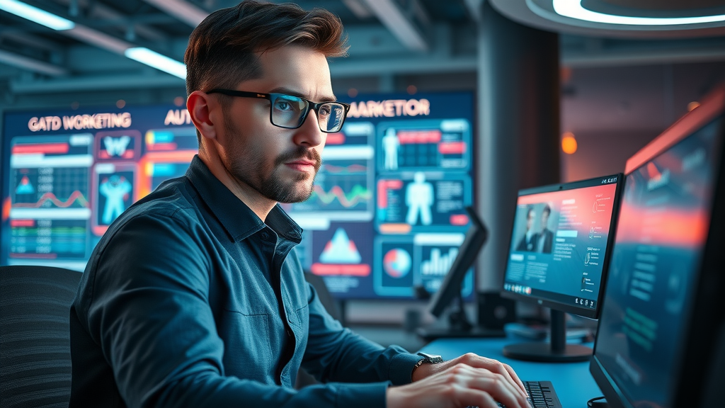 innovative marketer operating advanced email automation system, futuristic London office, glowing campaign workflow screens