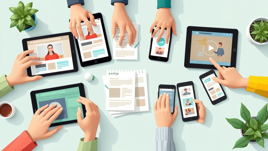devices displaying content marketing ideas: video, blog post, email, interactive, on digital workspace