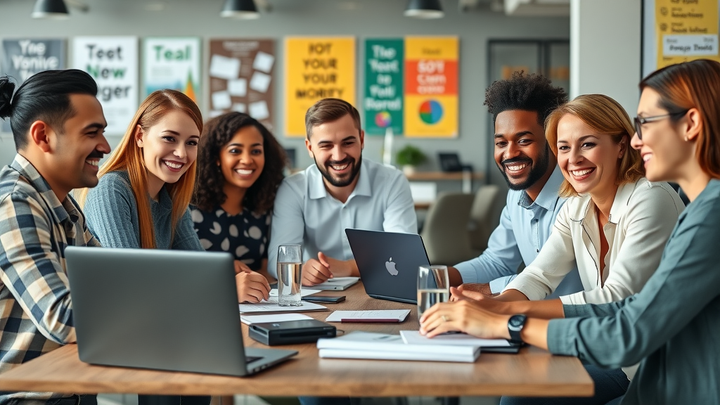 Dynamic group of small business owners collaborating around a table, content marketing tips for small businesses