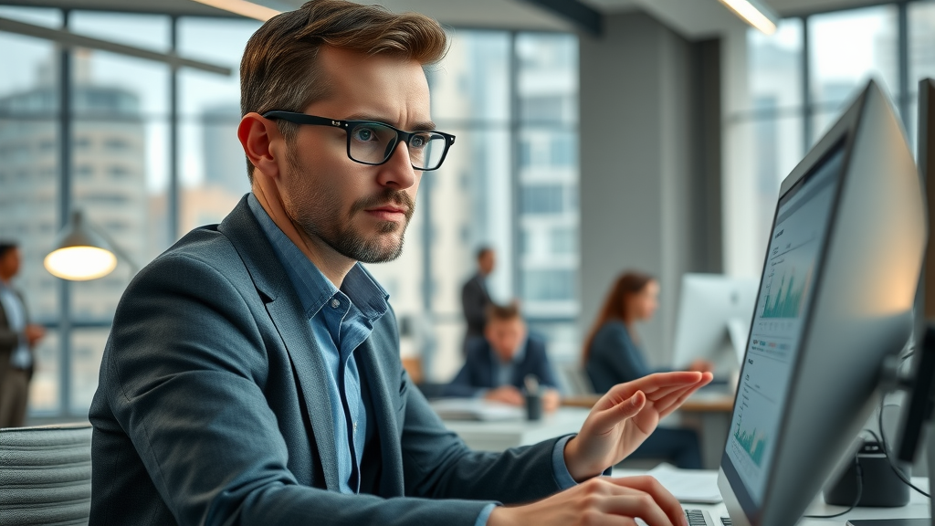 London financial analyst reviewing digital marketing budgets and cost breakdowns in modern office