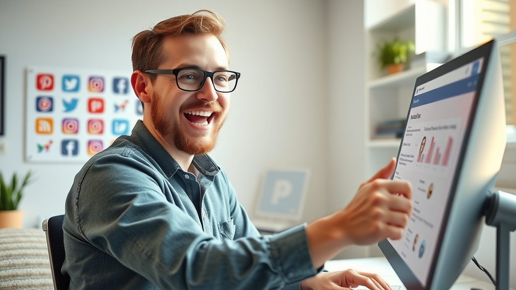social media marketing tools for small businesses - cheerful small business owner scheduling social posts on monitor in bright workspace with logos and UI, animated post-scheduling, daylight