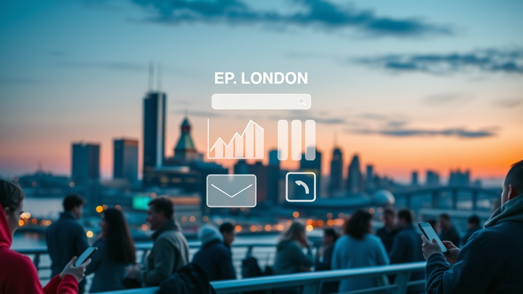 london ontario skyline with digital marketing icons, mobile device usage, search engine visual