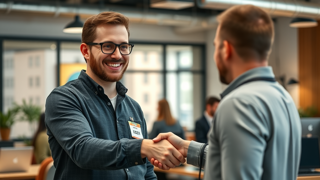SEO agency manager shaking hands with journalist, digital PR for off-page SEO strategies London