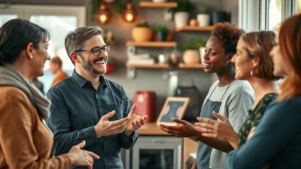 empathetic business owner engaging with customers in a small business setting, understanding audience for content marketing