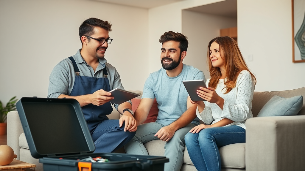 Plumbing services technician discussing repairs with family in modern living room