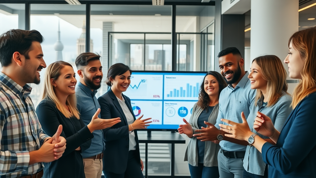 content marketing agency team in modern London office brainstorming with digital boards showing campaign metrics and city skyline view